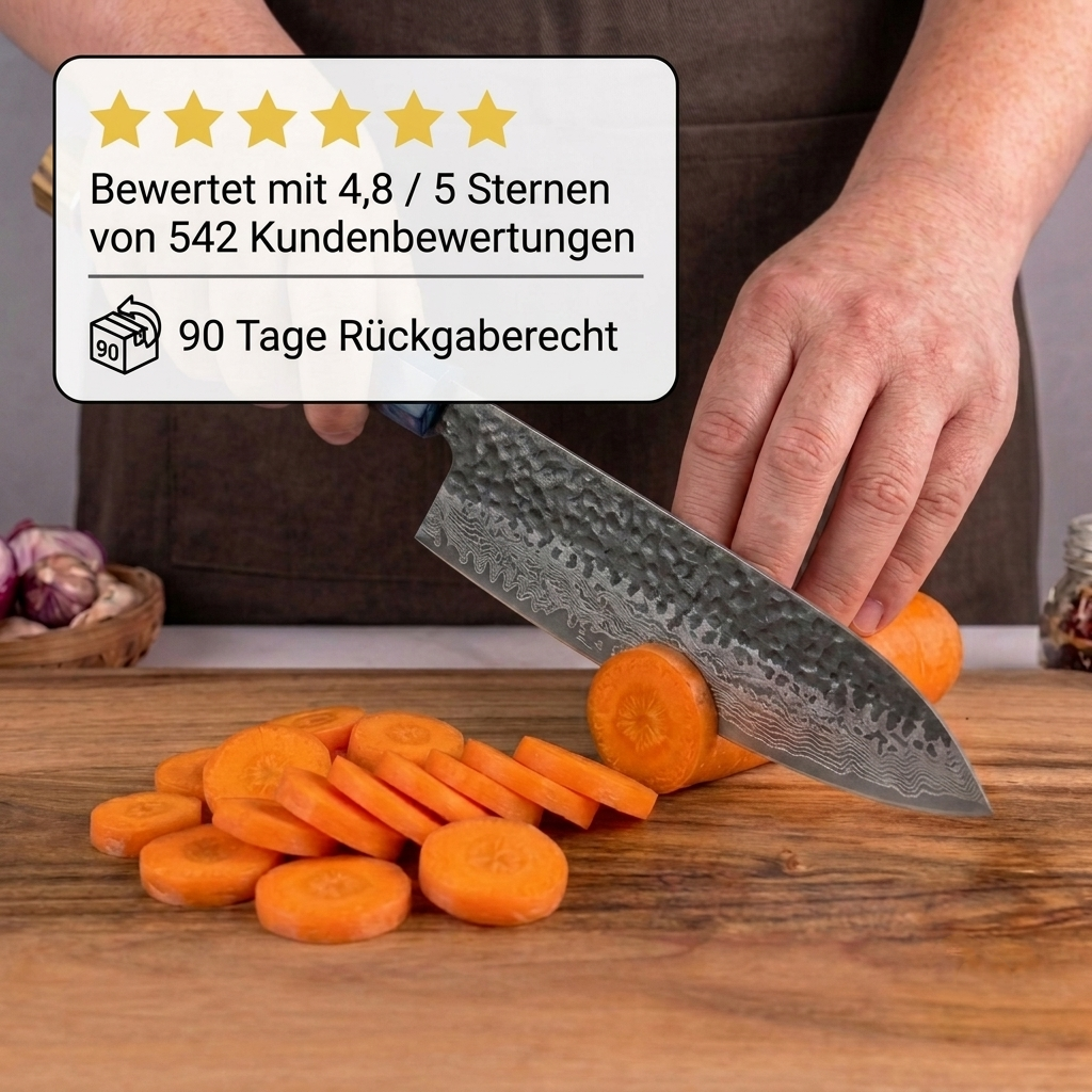 Kochmesser aus echtem Damaststahl, Griff aus stabilisiertem Holz