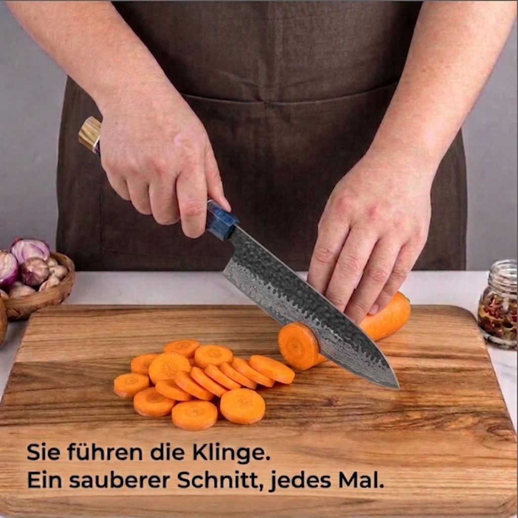 Kochmesser aus echtem Damaststahl, Griff aus stabilisiertem Holz