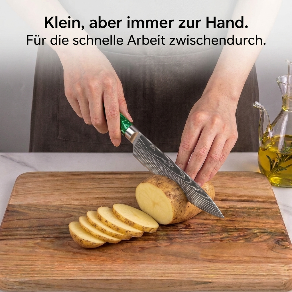 Kochmesser-Set, 9-teilig – Wellenmuster-Klinge, Griffe aus grünem Kunstharz