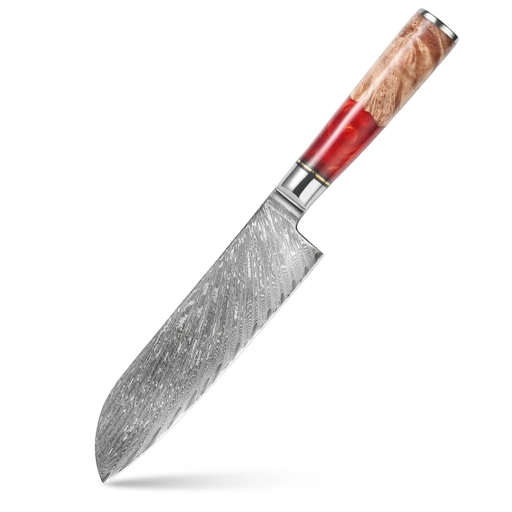 Santokumesser mit rotem Harzgriff