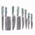 Set de couteaux de chef en acier Damas, 67 couches, manches en nacre d'ormeau