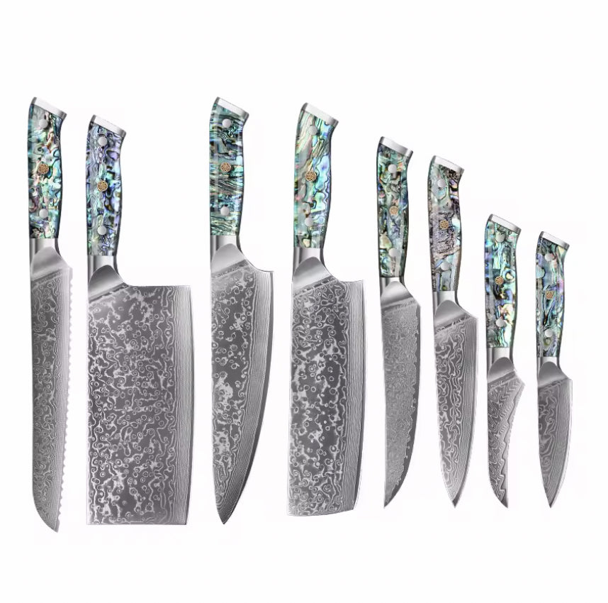 Set de couteaux de chef en acier Damas, 67 couches, manches en nacre d'ormeau