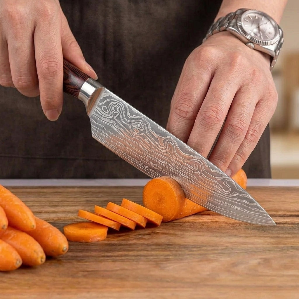 Kochmesser mit Griff aus gefärbtem Holz und Metallkopf