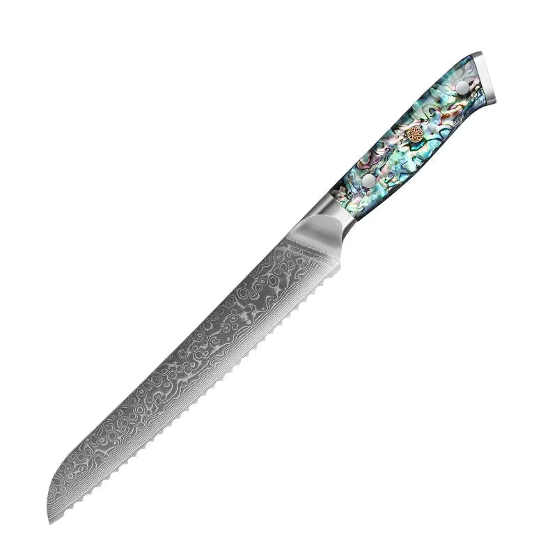 Brotmesser aus Damaststahl, 67 Lagen, Griff aus Abalone-Perlmutt