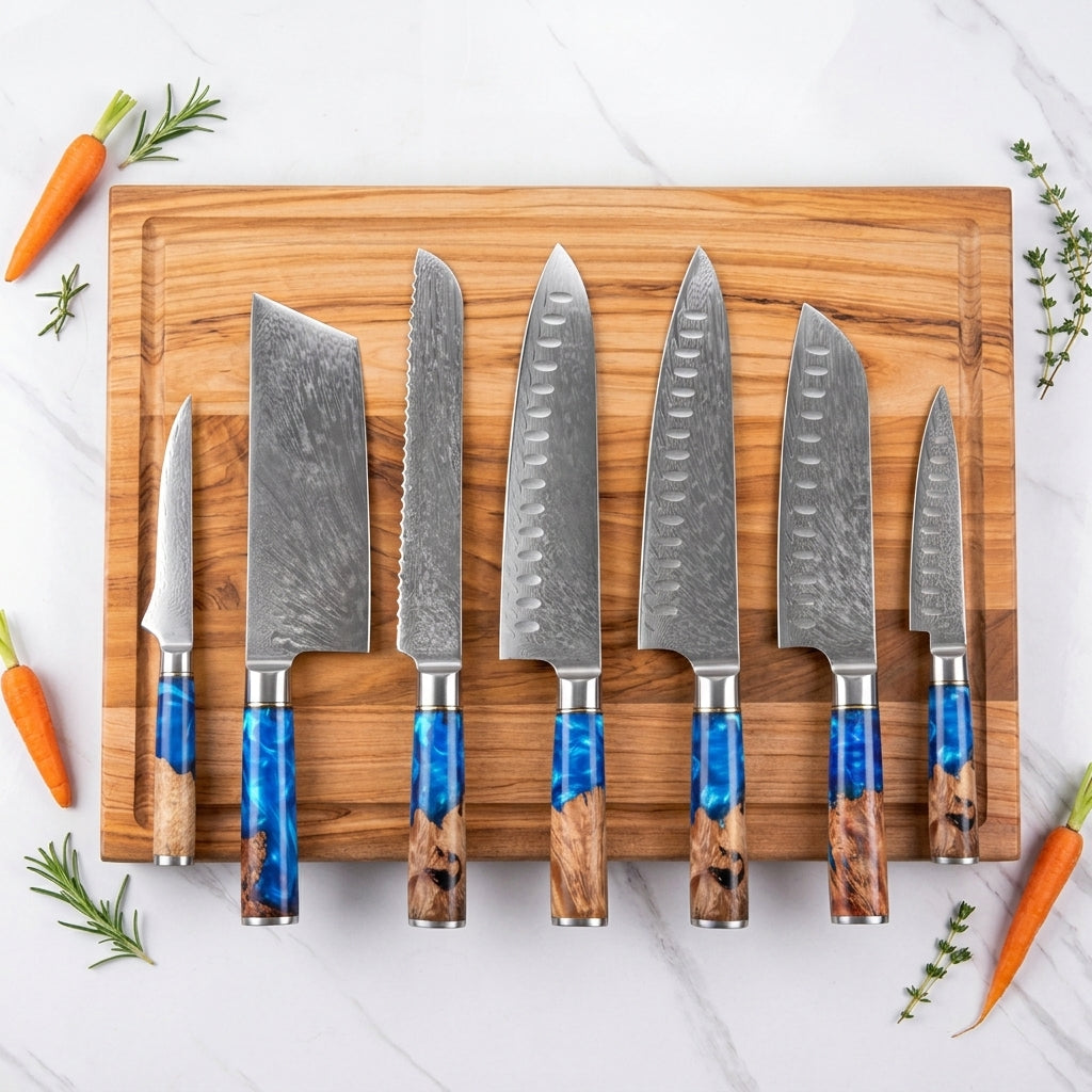 Damast-Messerset, 7-teilig – Griff aus Blauharz & Wurzelholz