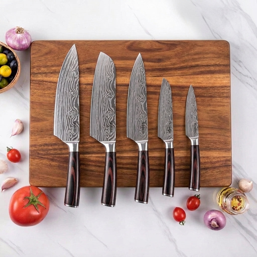 Küchenmesser-Set Damast-Optik, 5-teilig, im Geschenkkoffer