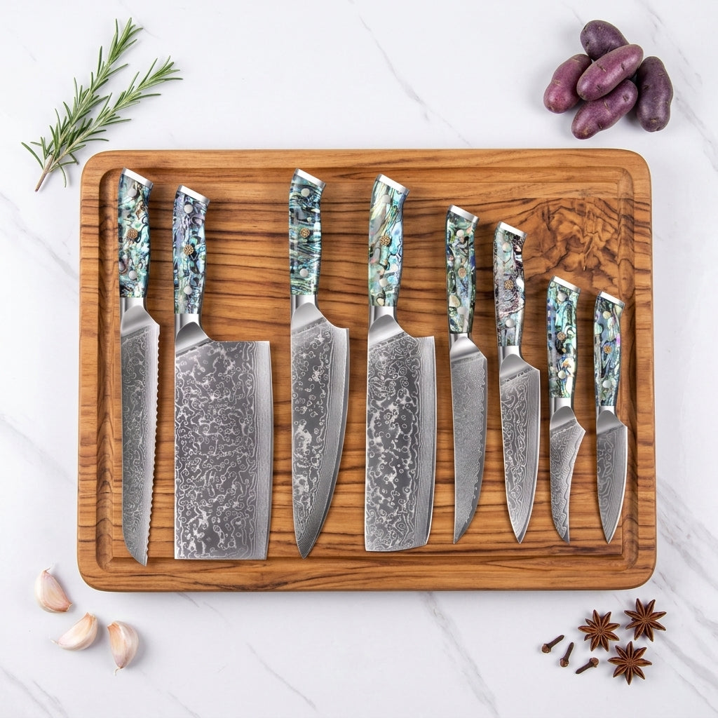 Set de couteaux de chef en acier Damas, 67 couches, manches en nacre d'ormeau