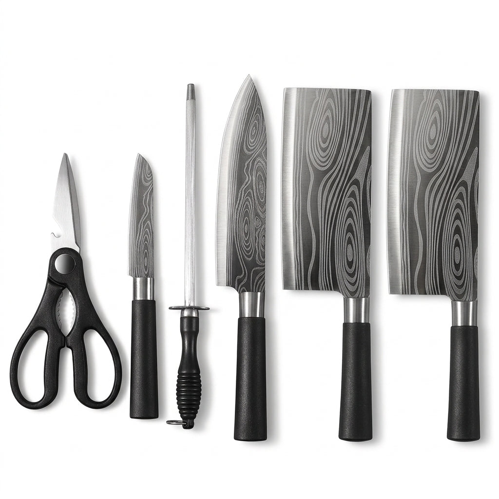 Küchenmesser-Set Damast-Optik, 6-teilig, mit Wetzstahl