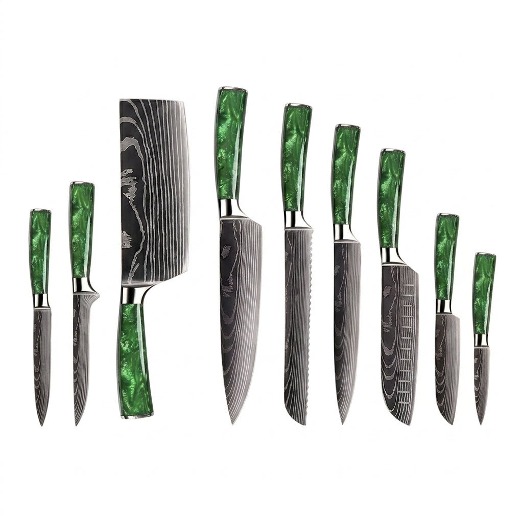 Kochmesser-Set, 9-teilig – Wellenmuster-Klinge, Griffe aus grünem Kunstharz