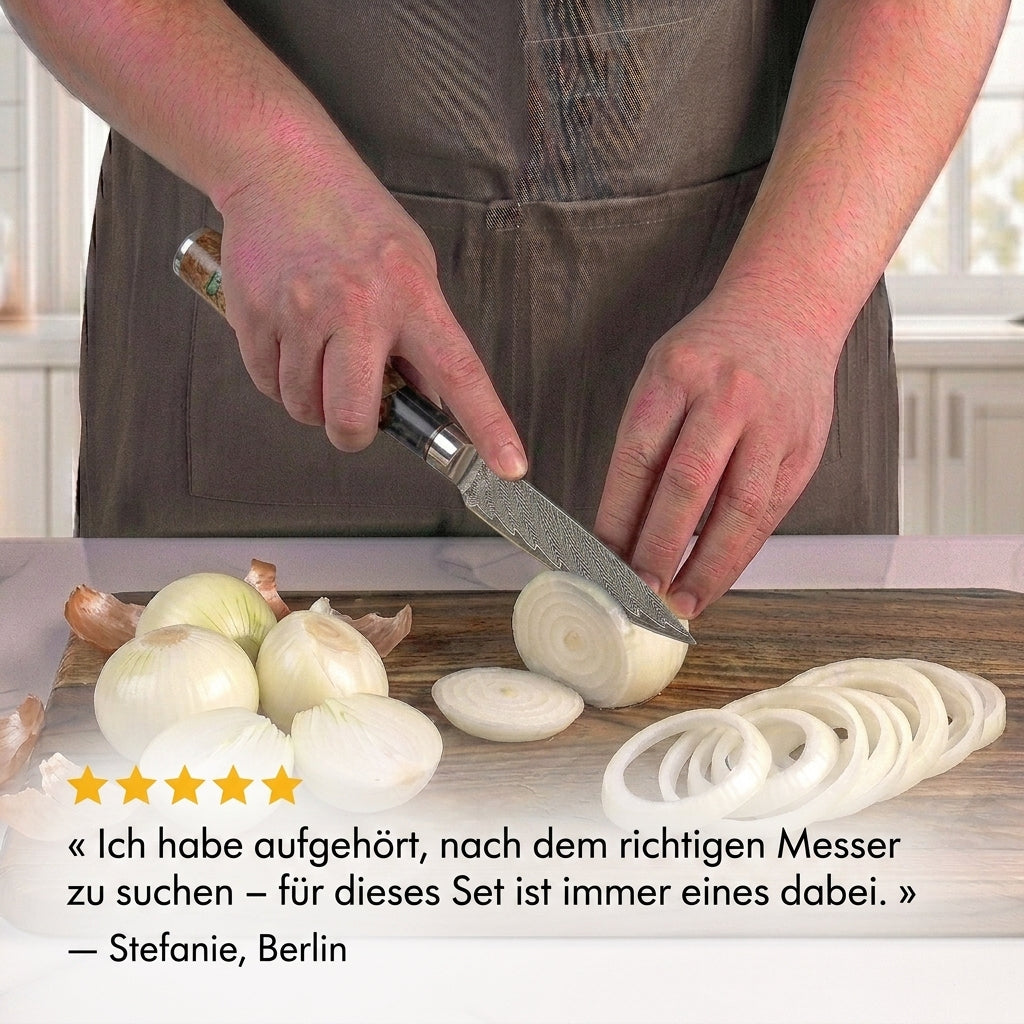 Damast-Messerset, 9-teilig – Griff aus stabilisiertem Holz
