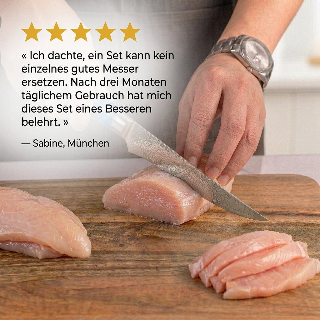Damast-Messerset, 7-teilig – Griff aus Blauharz & Wurzelholz