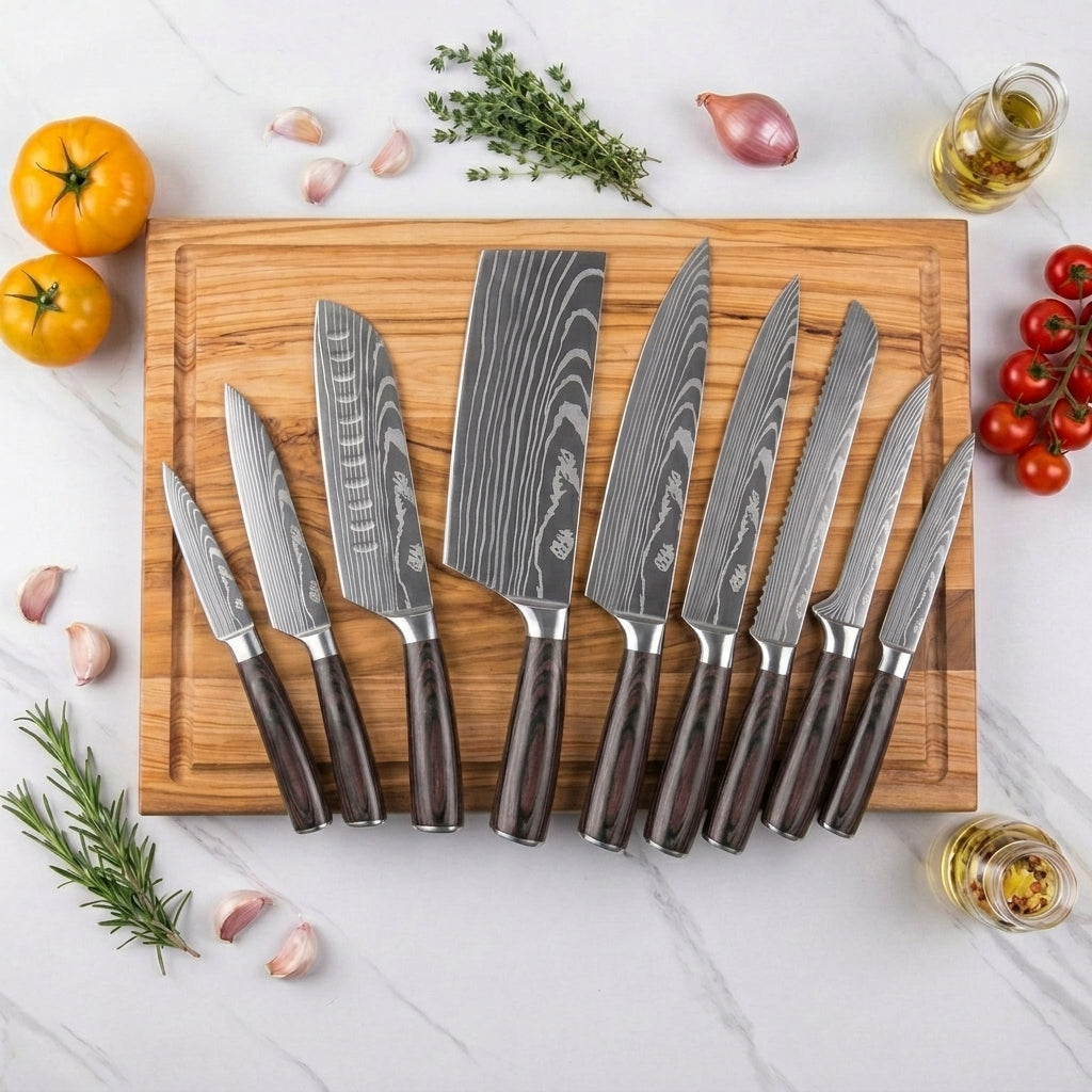 Set de couteaux de cuisine aspect damassé, 10 pièces, avec manche en bois de Pakka