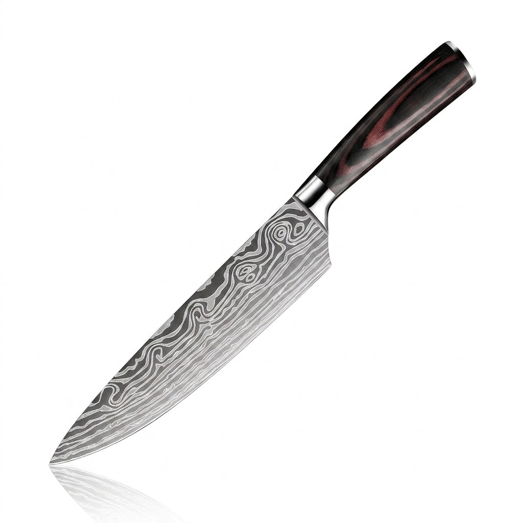 Kochmesser mit Griff aus gefärbtem Holz und Metallkopf