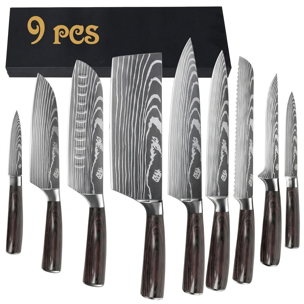 Set de couteaux de cuisine aspect damassé, 10 pièces, avec manche en bois de Pakka