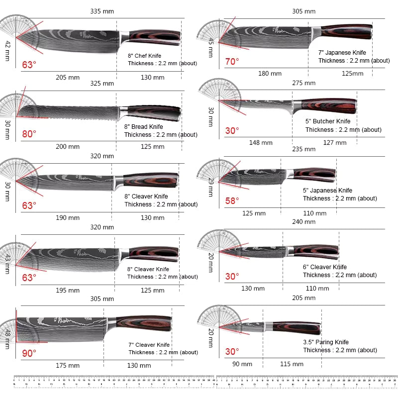 Küchenmesser-Set Damast-Optik, 10-teilig, mit Pakkaholzgriff