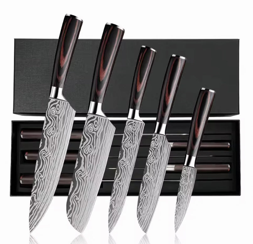 Küchenmesser-Set Damast-Optik, 5-teilig, im Geschenkkoffer