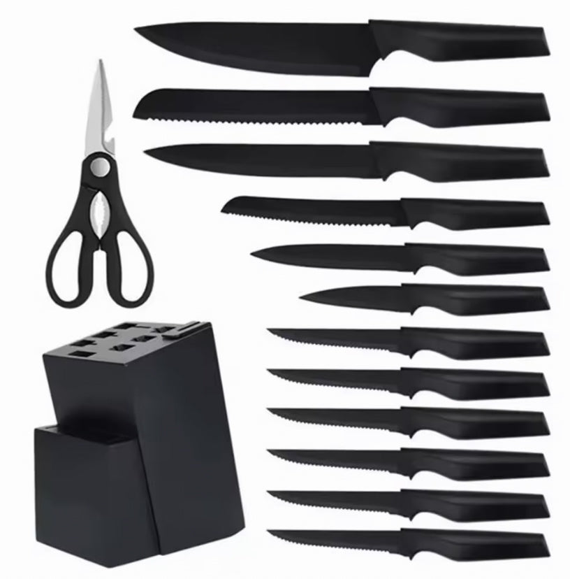 Küchenmesser-Set Mattschwarz, 14-teilig, mit Block