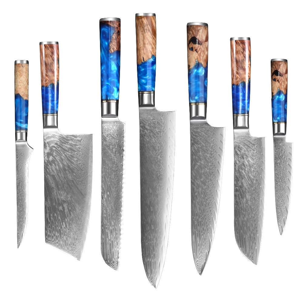 Damast-Messerset, 7-teilig – Griff aus Blauharz & Wurzelholz