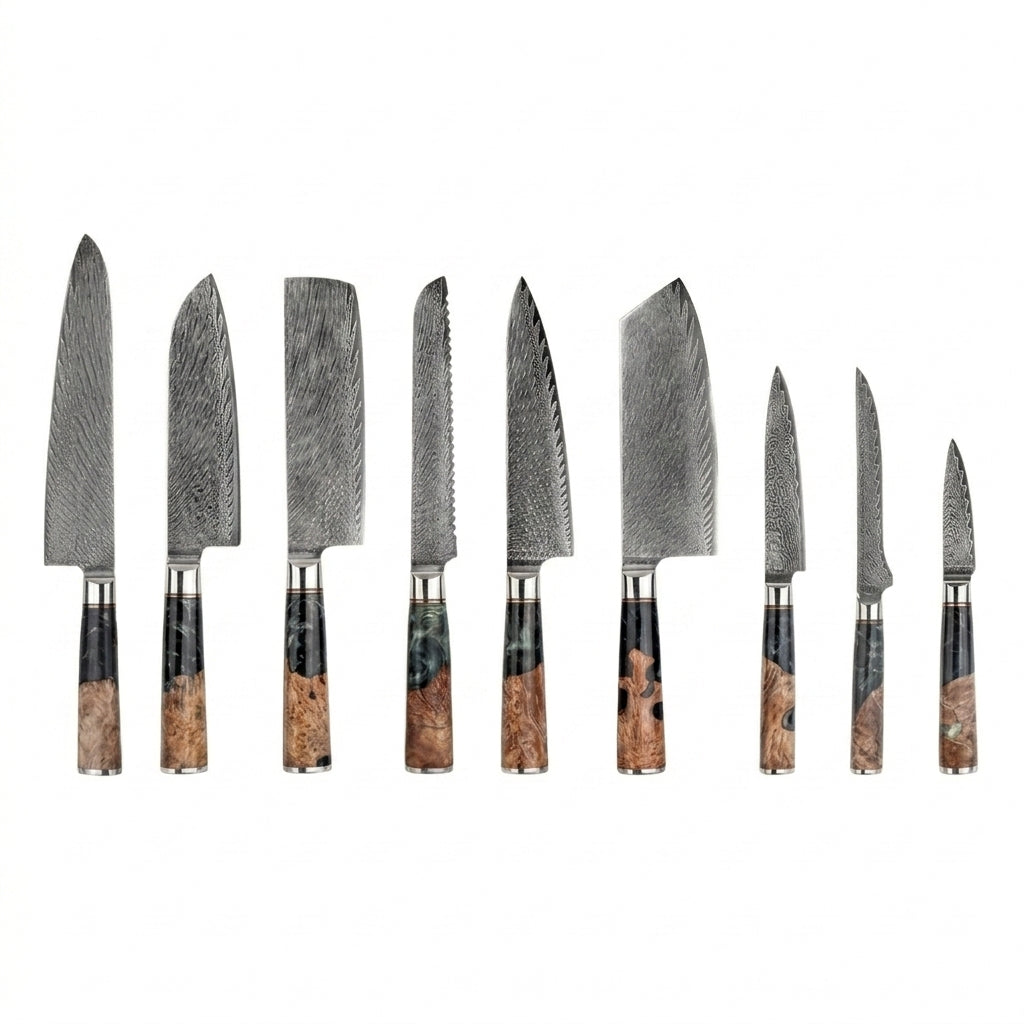 Damast-Messerset, 9-teilig – Griff aus stabilisiertem Holz