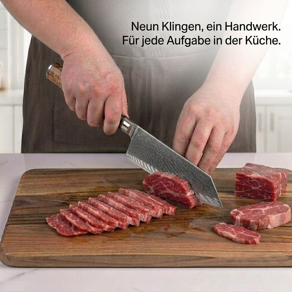 Damast-Messerset, 9-teilig – Griff aus stabilisiertem Holz