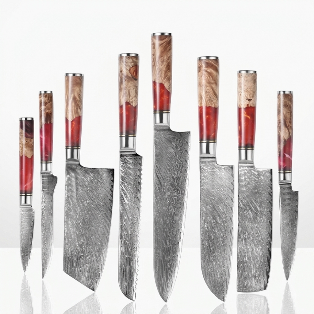 8-teiliges Set mit rotem Harzgriff — Griffe aus stabilisiertem Holz
