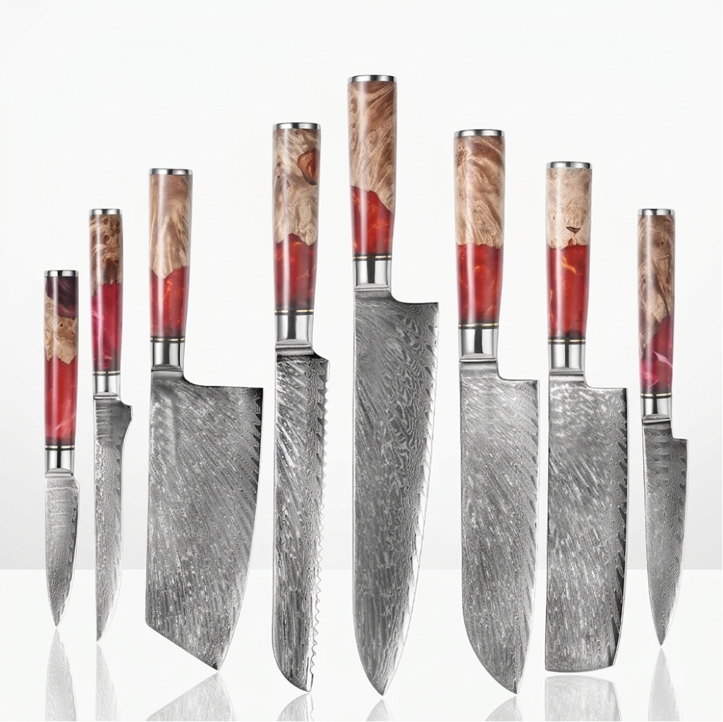 8-teiliges Set mit rotem Harzgriff — Griffe aus stabilisiertem Holz